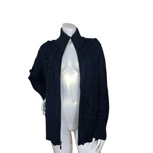 NWT Women's Lands' End 100% Cotton Textured & Cable Knit Zip-up Black Sweater L